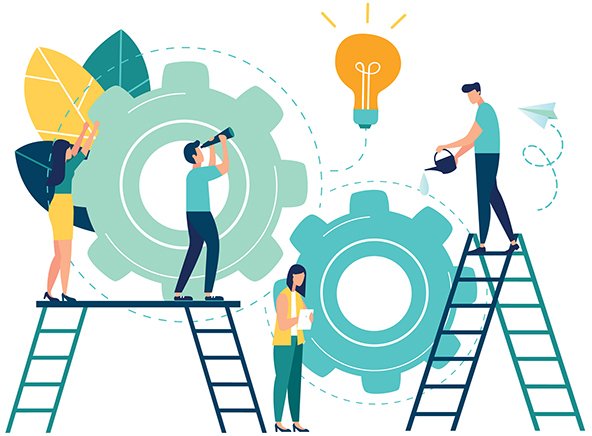 Illustration of people on ladders working together on large gears, with a lightbulb above